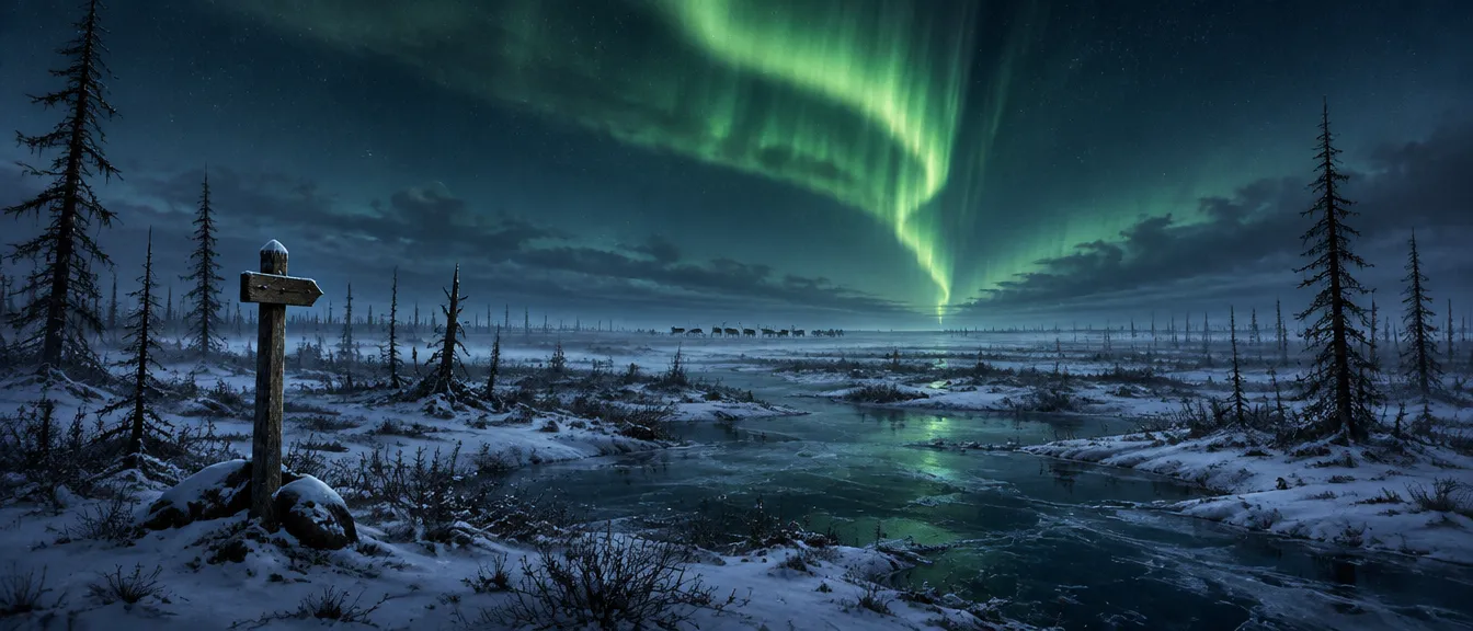Muskeg Barrens: rawa beku datar dengan cemara hitam gundul dan aurora yang membungkuk ke satu titik di cakrawala.